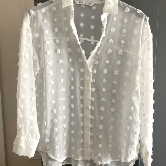 Zara: White Semi-Sheer Pom-Pom Shirt (XS) - Picture 1 of 8